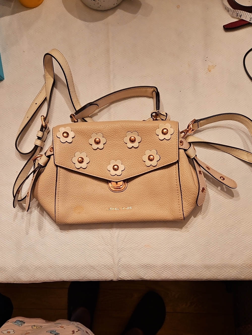 Michael Kors Cream/pink Floral-Appliqué Satchel with rose Gold Hardware